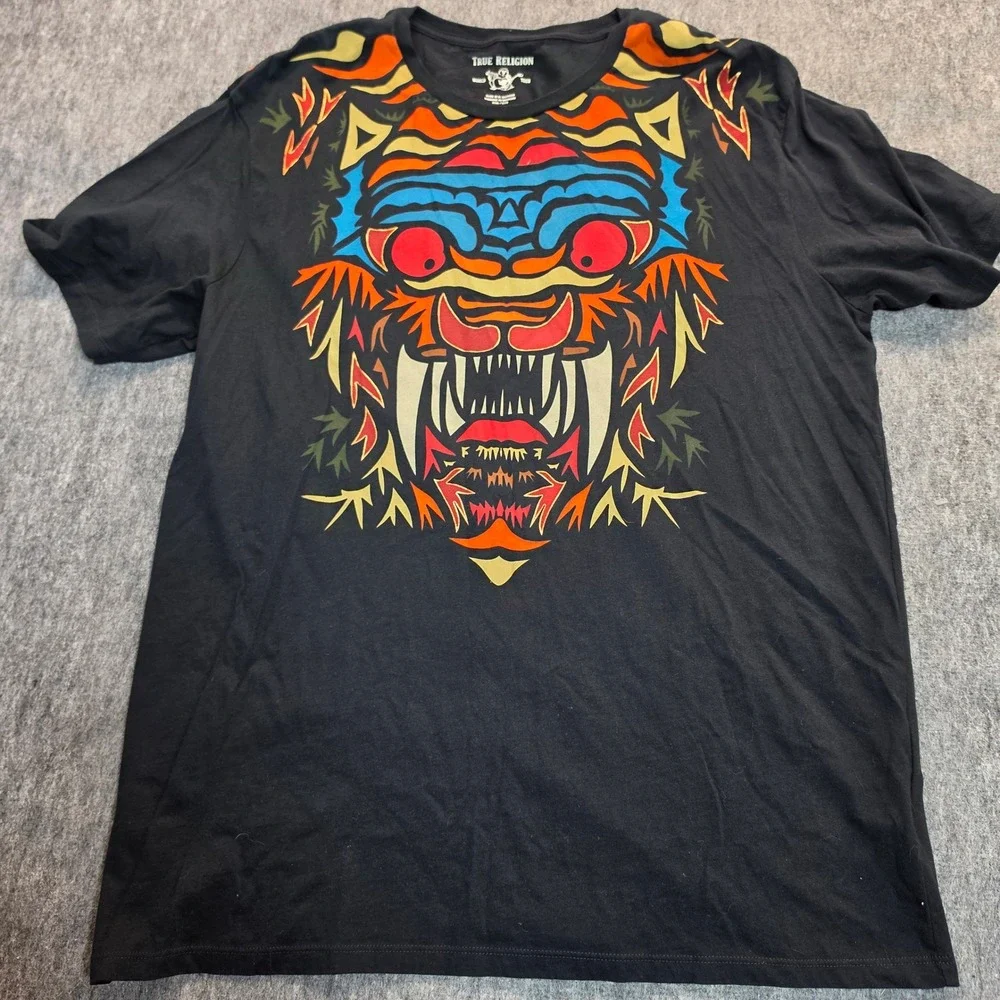 True Religion Mens XXXL Black Tiger Graphic World Tour Short Sleeve T-Shirt a55